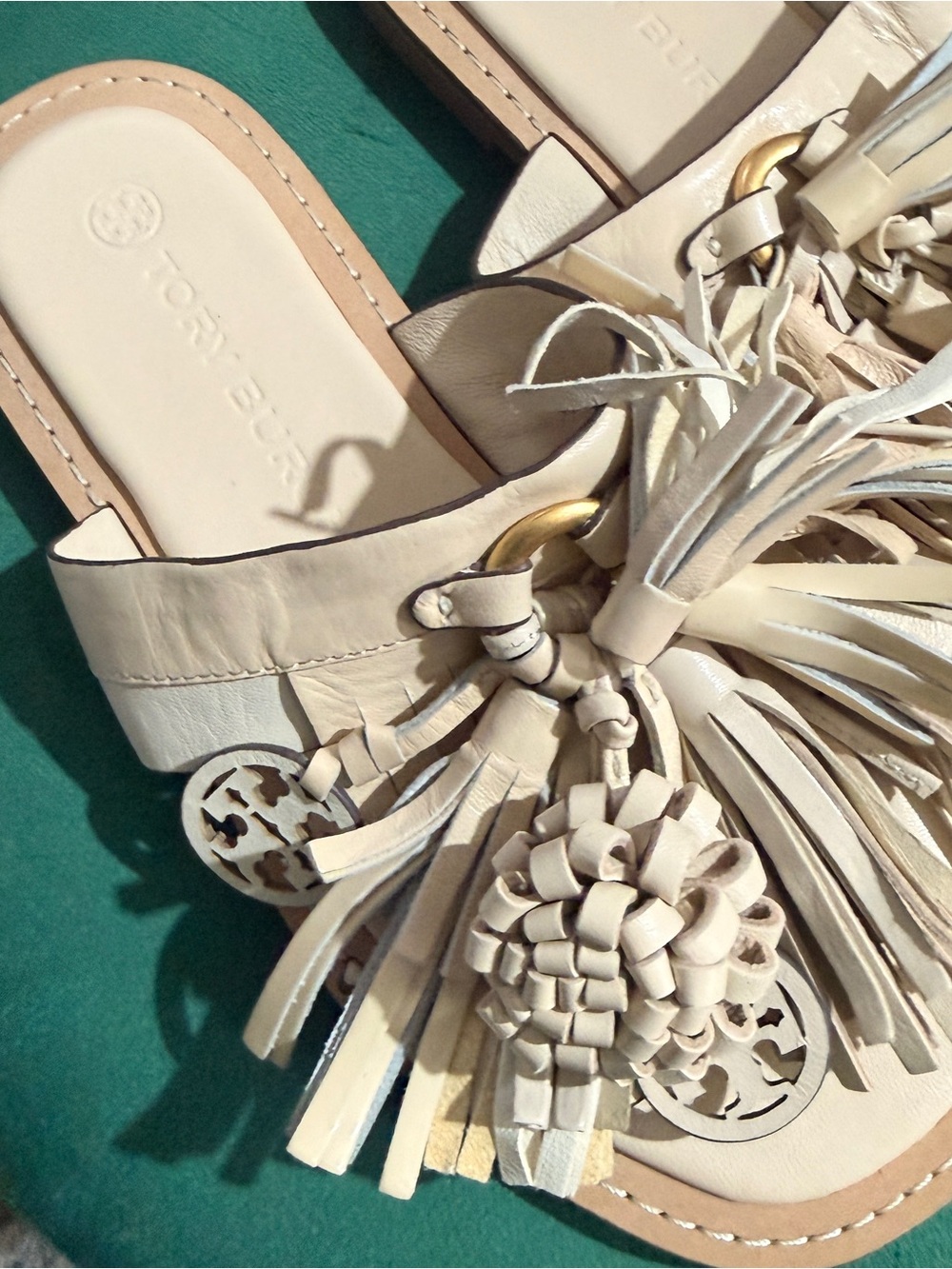 Tory Burch Beige Leather Tassel Slide Mules